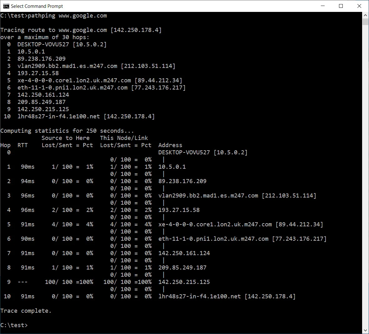 Pathping tar lenger tid enn de andre verktøyene, men gir også mye mer informasjon som eksperter kan bruke til å feilsøke forbindelsen din.