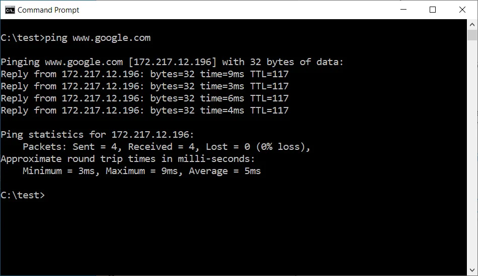 Voit tarkistaa tietokoneen vasteajan ping-komennolla