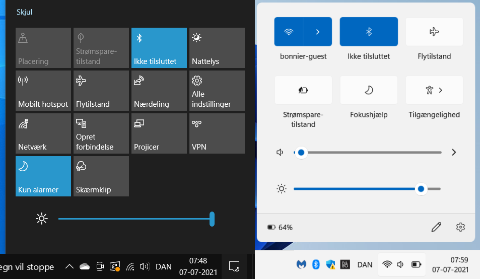 Åtgärdscentret ”flyter” över skrivbordet i Windows 11. Det kan du se till höger på bilden.