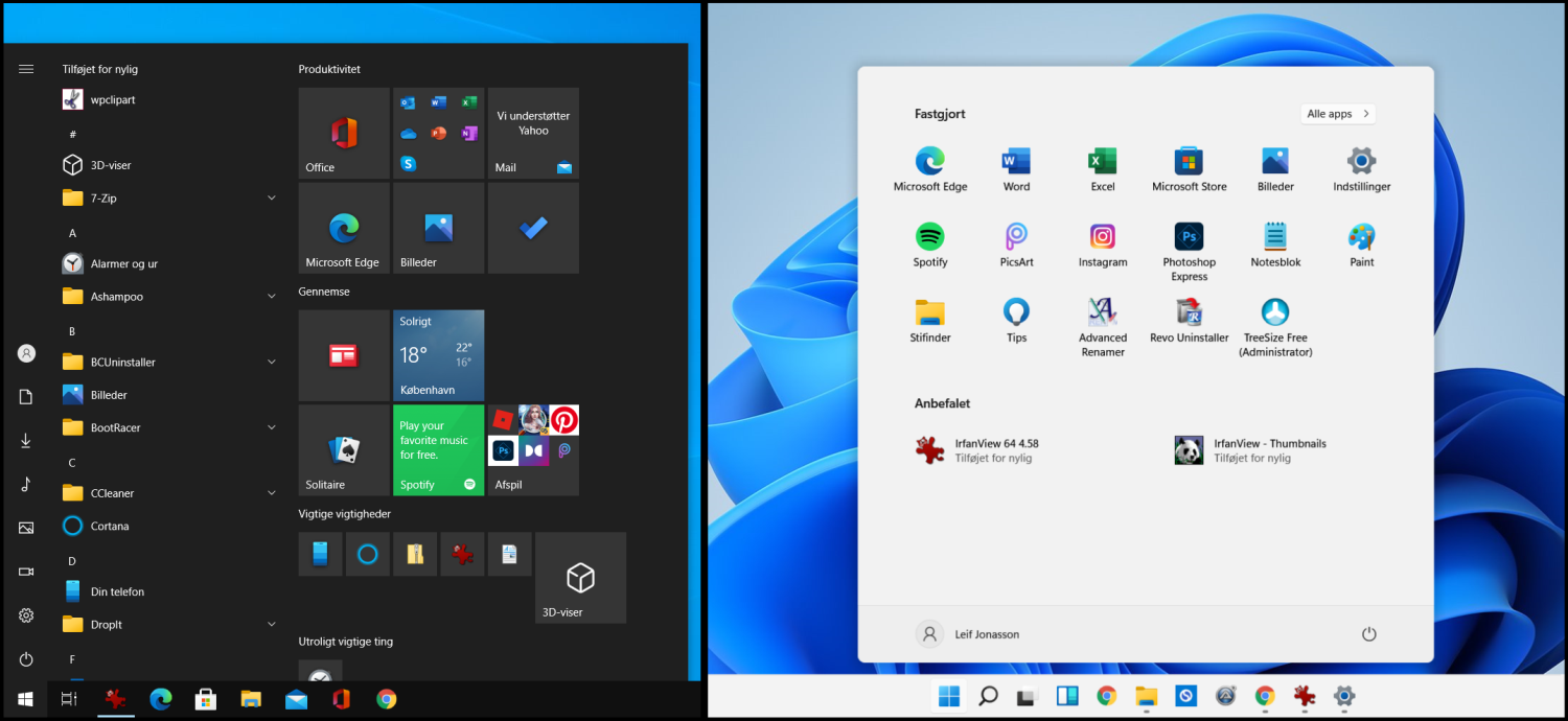 Windows 11:n aloitusvalikko on huomattavasti erilainen kuin Windows 10:ssä.