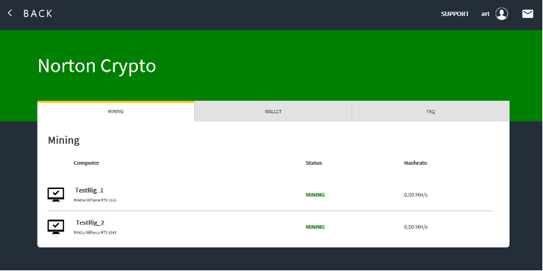 Mining-programmet er utviklet i samme design som NortonLifeLocks øvrige programmer.