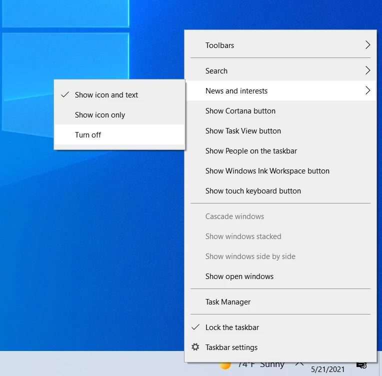 Det är enkelt att inaktivera funktionen Nyheter och intressen i Windows 10