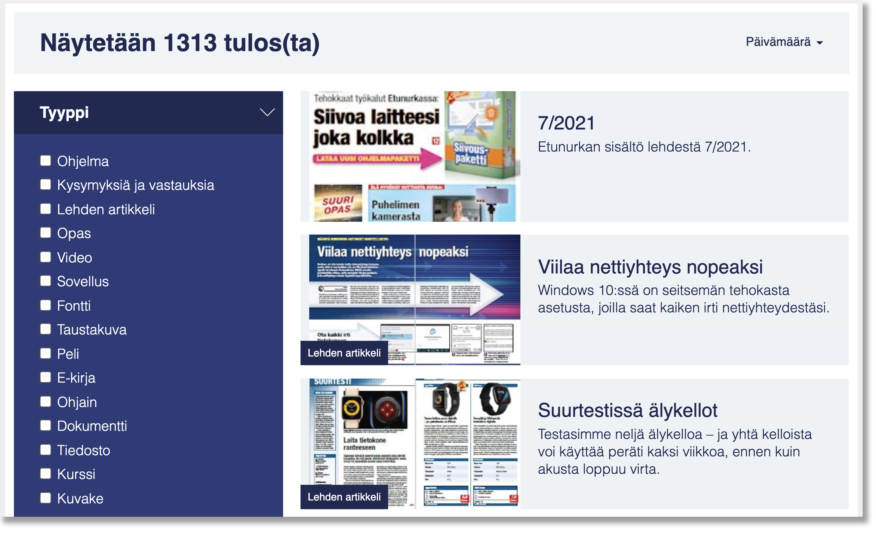 Lajittele Etunurkan sisältö päivämäärän mukaan.