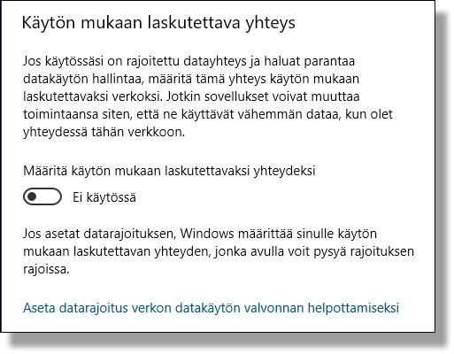 Windowsissa voi valita yhteyden tyypiksi käytön mukaan laskutettavan yhteyden