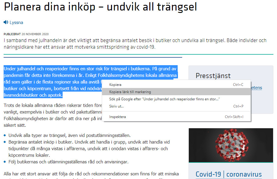 Opret link til en bid tekst i Google Chrome