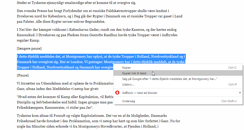 Opret link til en bid tekst i Google Chrome