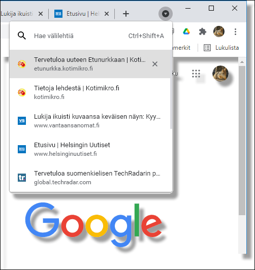 Hae välilehtiä Google Chromessa