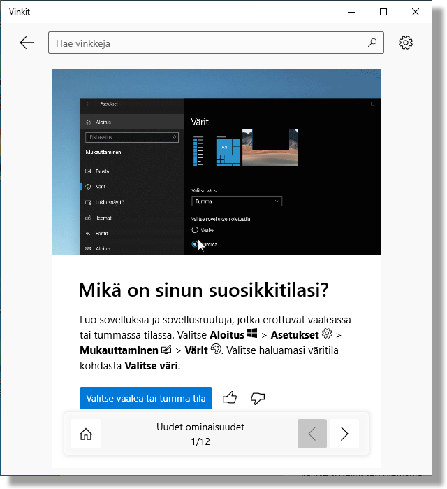 Windows 10 21H2 -versio uudistaa Vinkit-sovelluksen