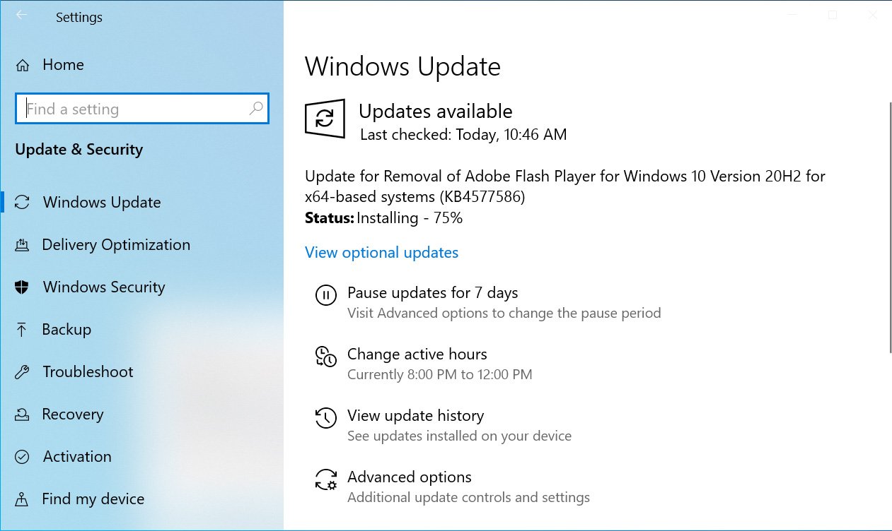 Uppdateringen som avinstallerar Flash Player heter KB4577586.