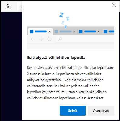 Esimerkiksi Edgessä voi valita ajan, jonka kuluttua välilehdet siirtyvät lepotilaan.
