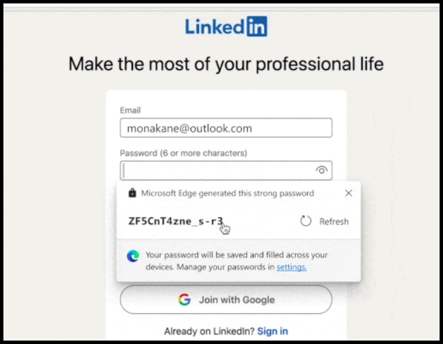 Edge foreslår sikre passord