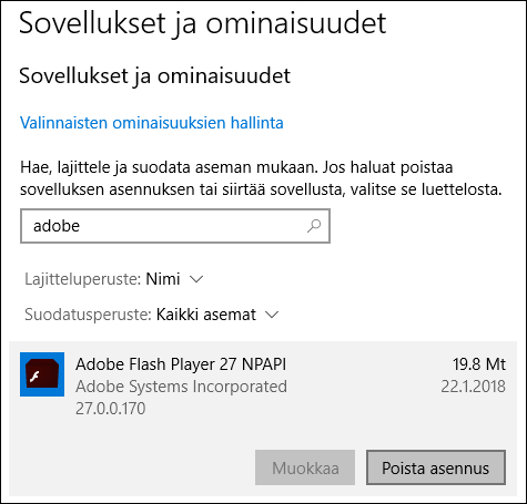 Poista Adobe Flash Player