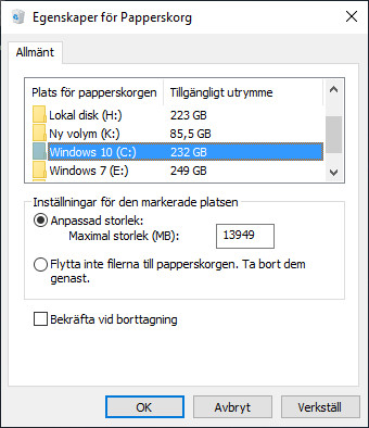 Ställ in Papperskorgens storlek