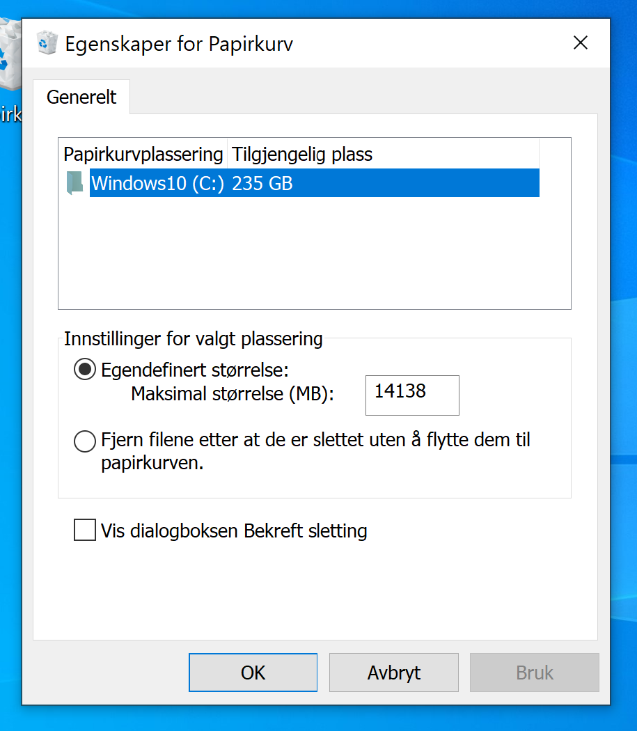 Tilpass egenskapene for Papirkurv