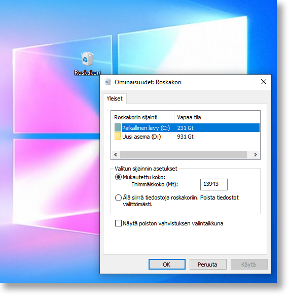 Säädä Windowsin roskakorin ominaisuuksia