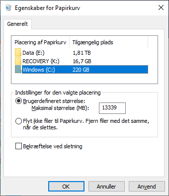 Juster egenskaberne for Papirkurven