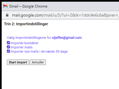Inporter mails og kontakter til Gmail.