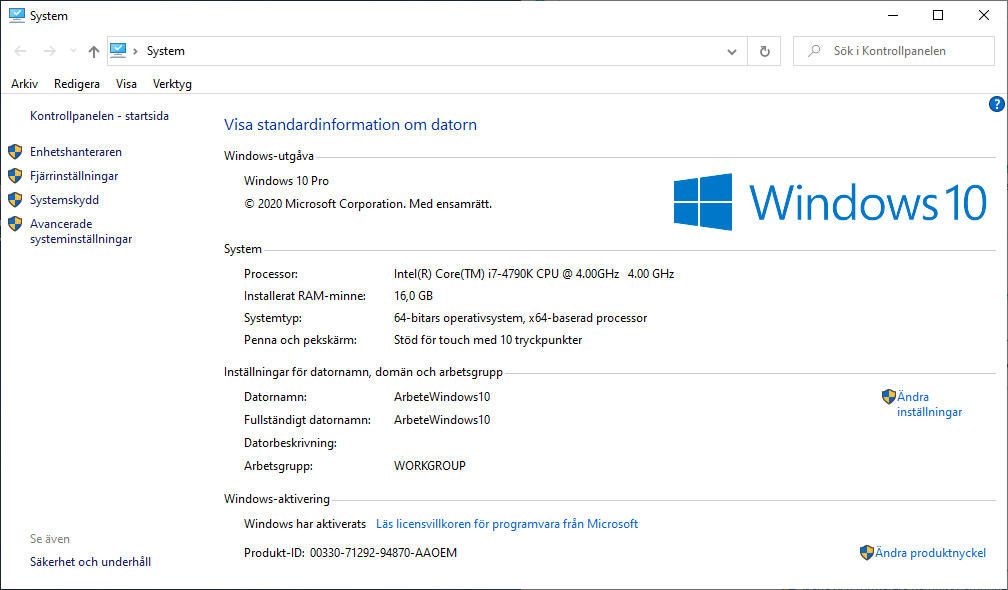 Visa standardinformation om datorn