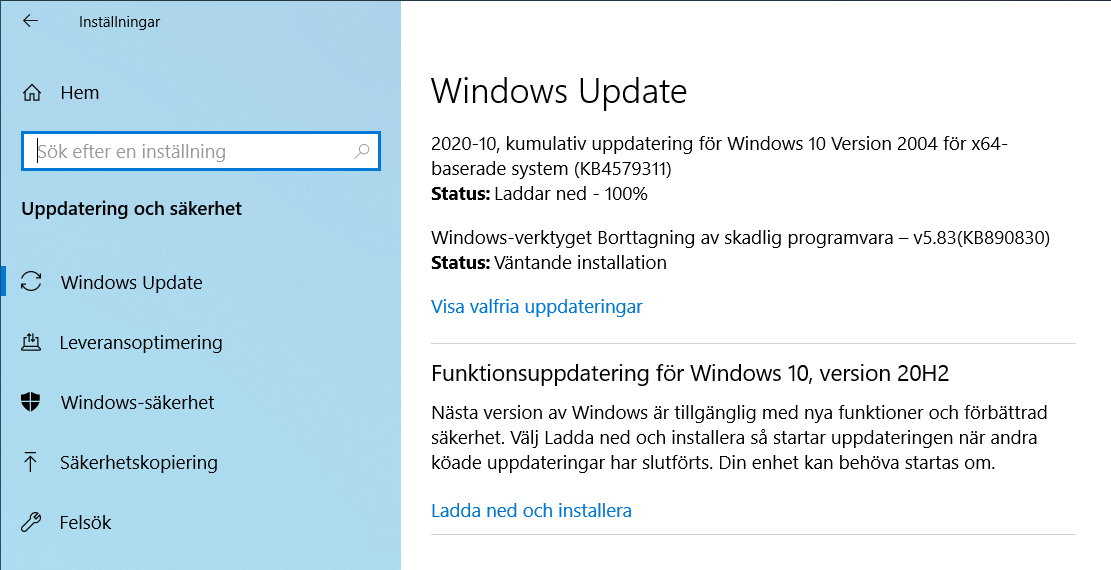 Windows uppdatering 20H2 har kommit