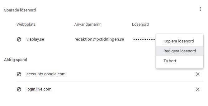 Ändra sparade lösenord i Google Chrome