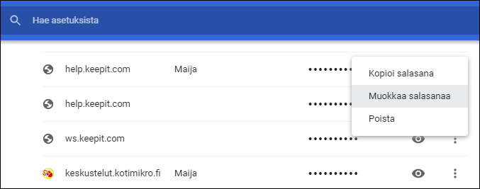 Muokkaa salasanoja Google Chromessa