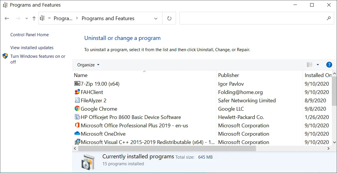 Ta bort program via Inställningar