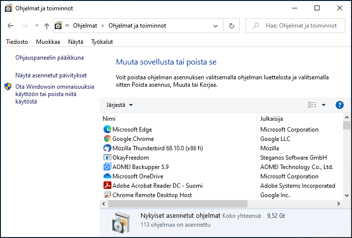 Jatkossa asennusten poisto tehdään Ohjauspaneelin sijasta Asetukset-valikossa.