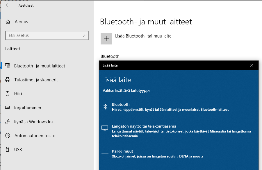 Ota bluetooth käyttöön Windows 10:ssä