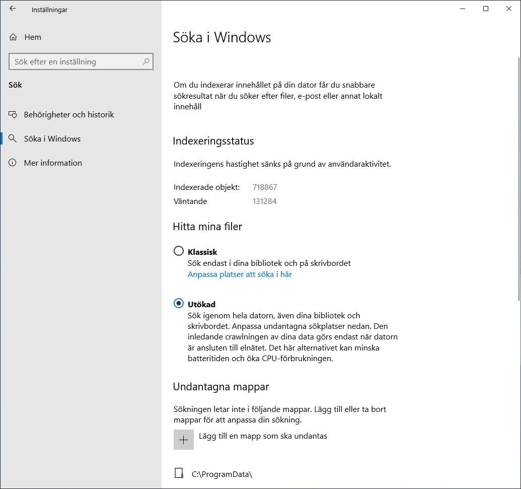 Inställningar för att söka i Windows 10.