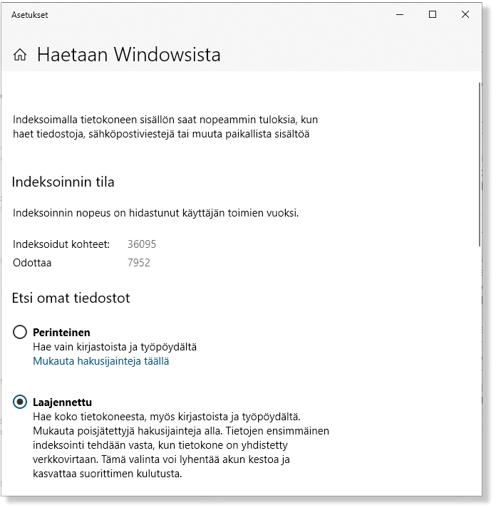 Windows 10:n haun asetukset