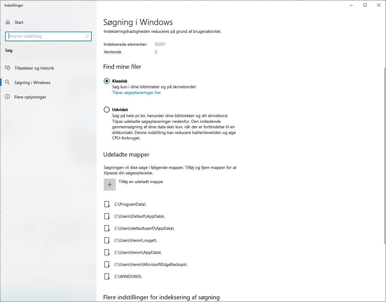 Indstillinger for Windows Search i Windows 10