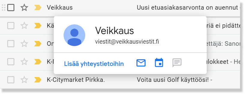 Lisää lähettäjä Gmailin yhteystietoihin.