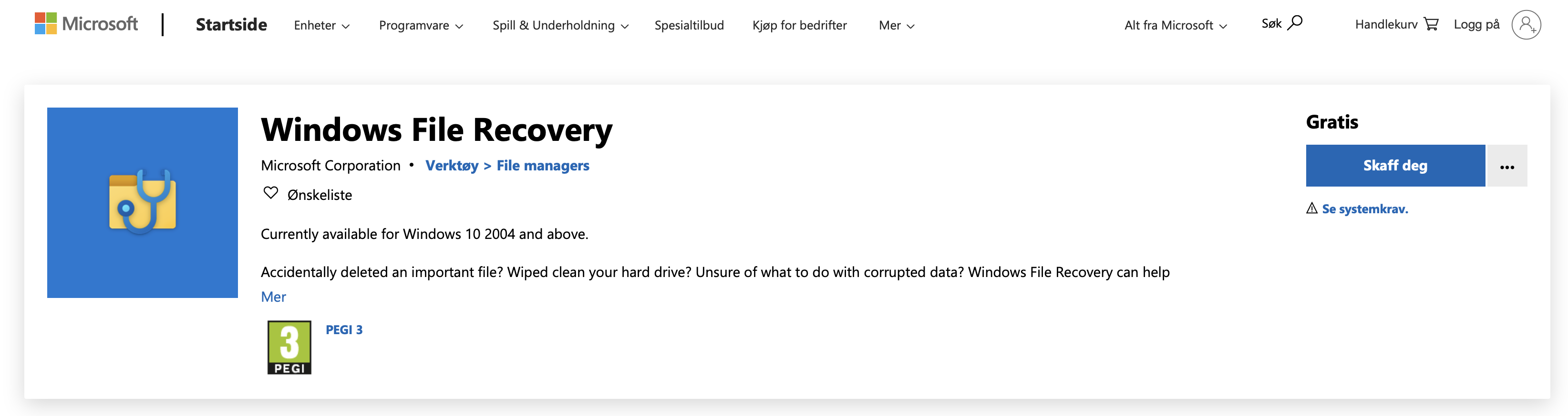 Butikksiden for Windows File Recovery i Microsoft Store.