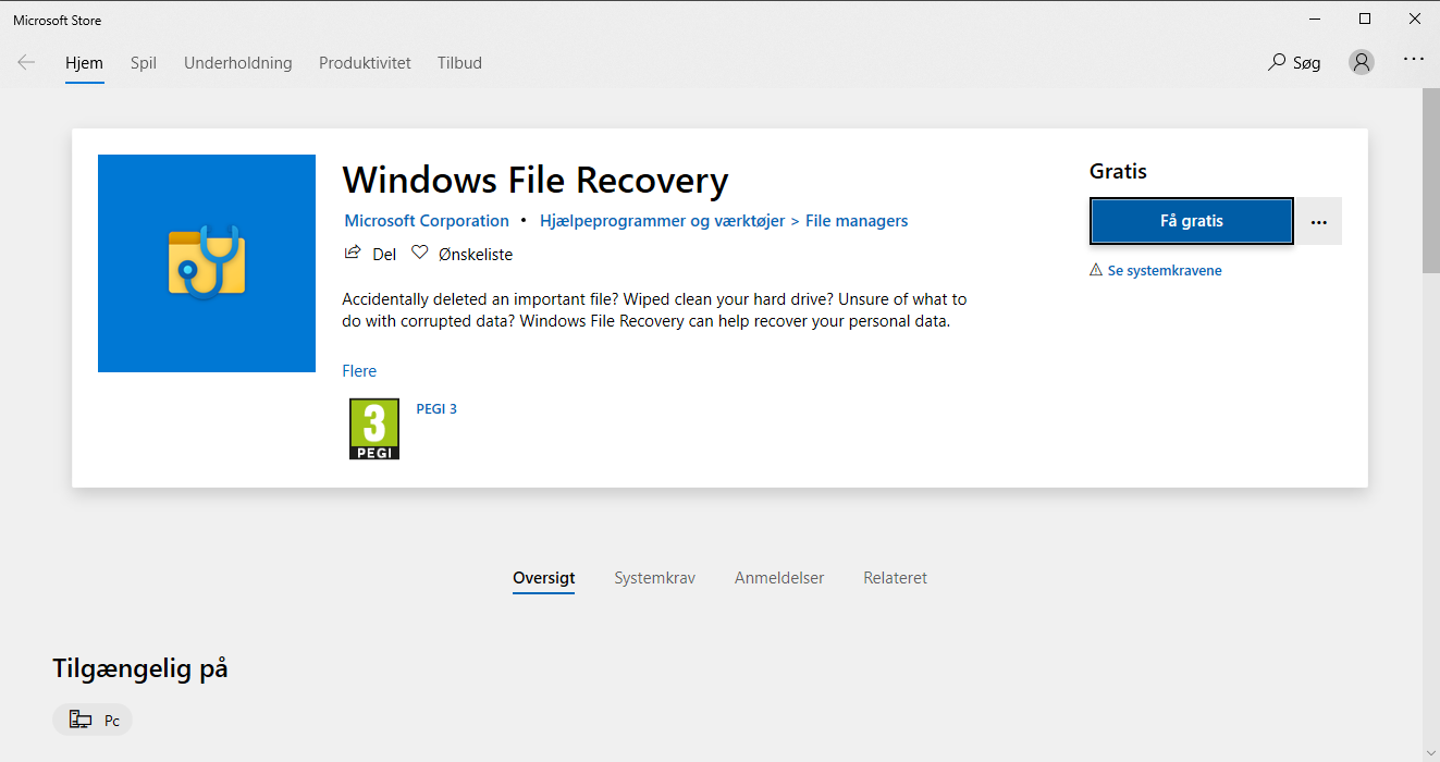 Butikssiden for Windows File Recovery i Microsoft Store.