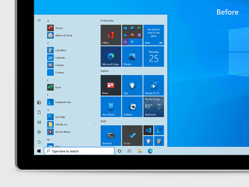 Sammenligning mellem den nuværende og den nye startmenu i Windows 10