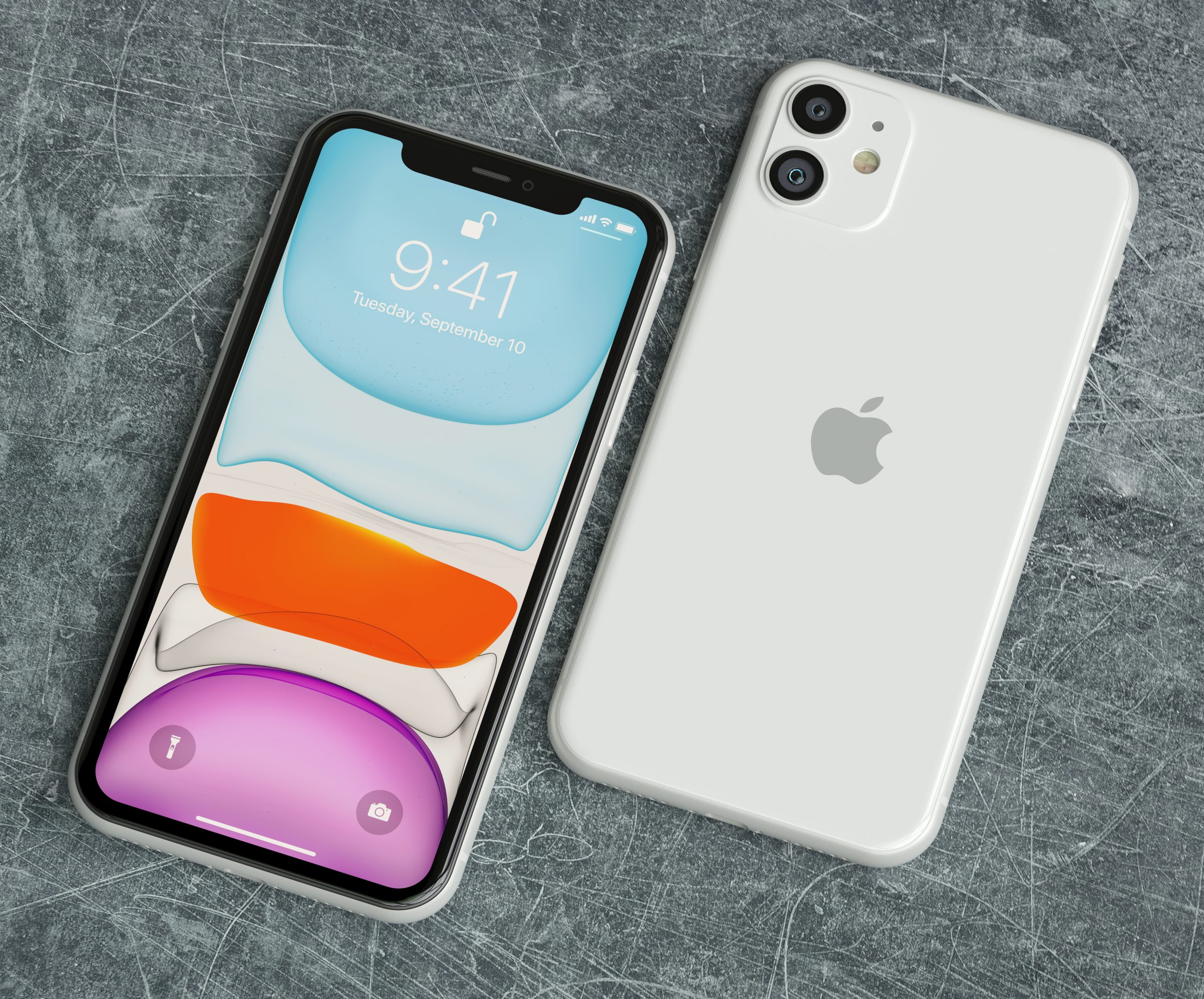 iPhone 11 -puhelin nähtynä edestä ja takaa, takapaneelissa näkyy kaksoiskamera.