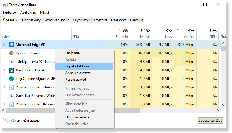 Tehtävienhallinta Windows 10:ssä