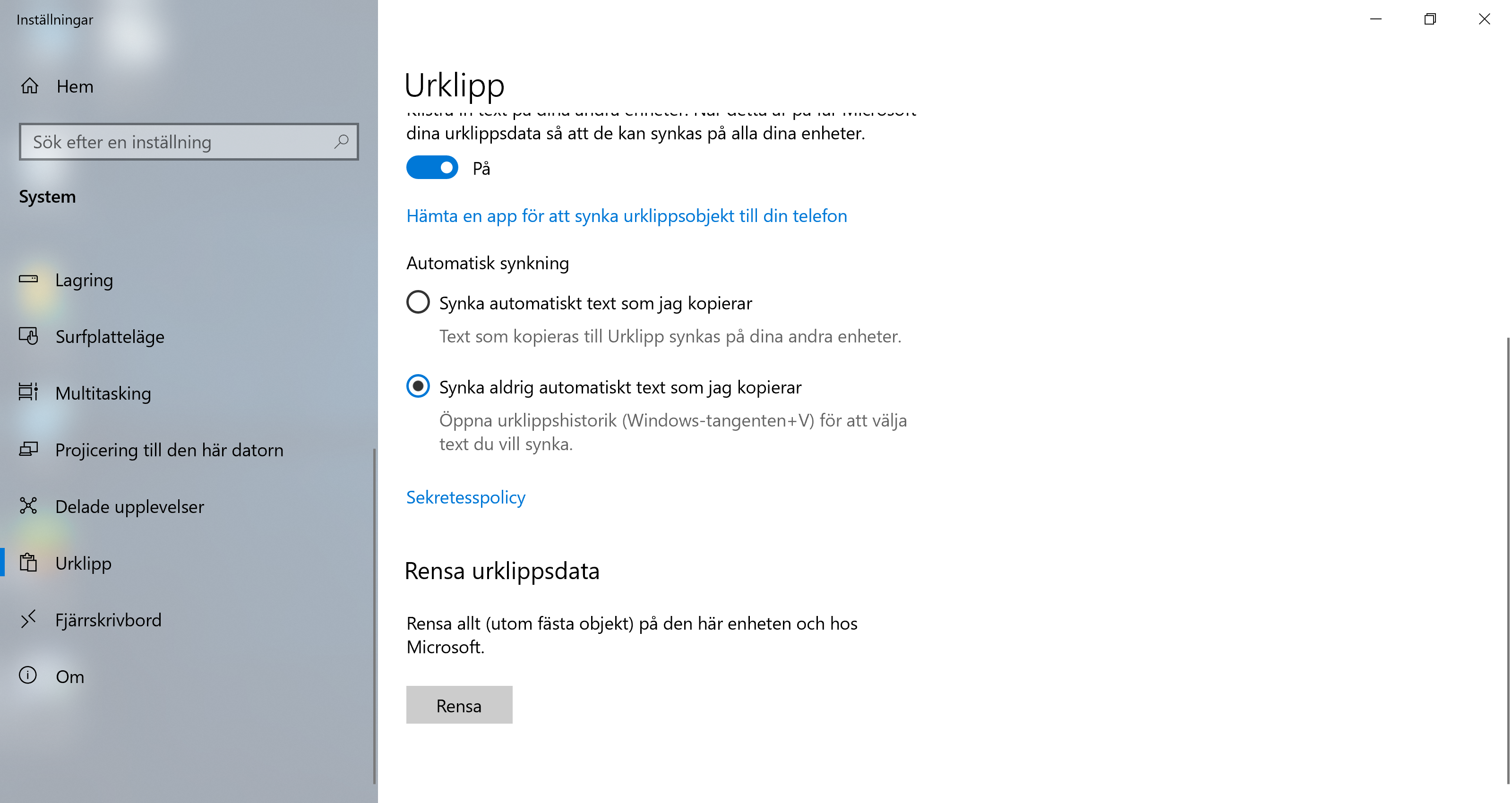 Urklipp i Windows 10