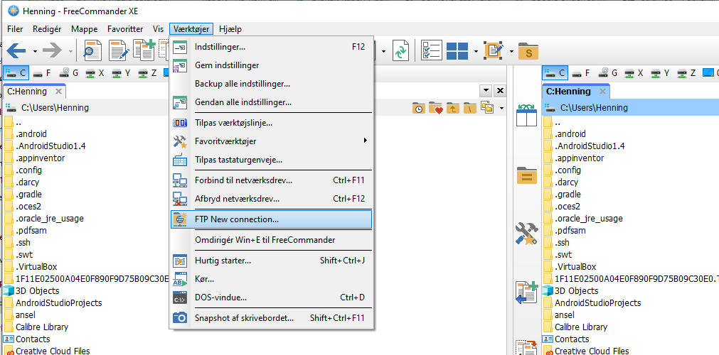 FreeCommander giver adgang til ftp-server