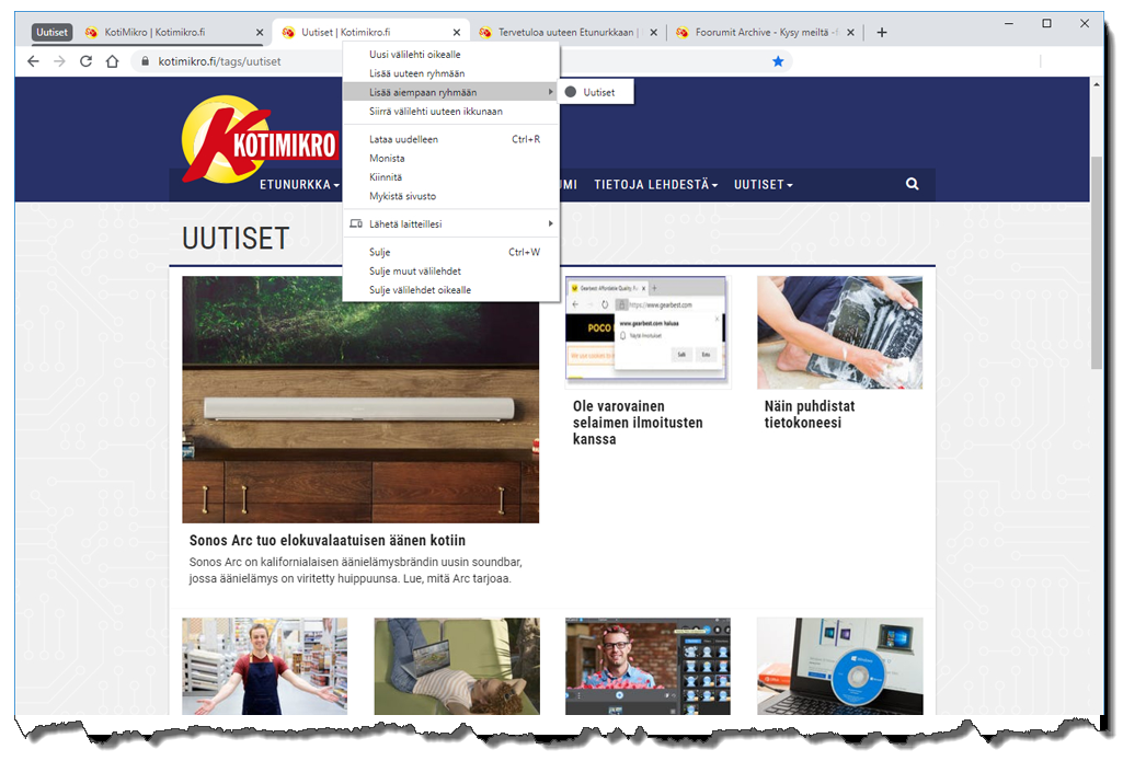 Chromessa voi nyt selkeyttää näkymää keräämällä välilehtiä ryhmiin.