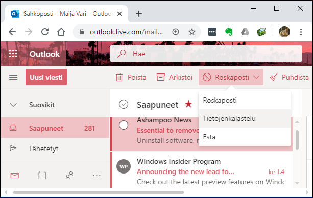 Tietojenkalastelu-ilmoitus Outlook.comissa