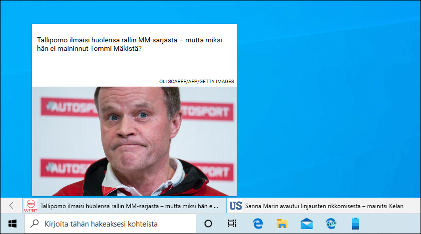 News Bar -sovelluksen voi sijoittaa otsikkopalkkina näytön alareunaan, tehtäväpalkin yläpuolelle. Viemällä hiiren otsikon päälle saa esiin pikkuikkunan. Uutiseen pääsee otsikkoa napsauttamalla.