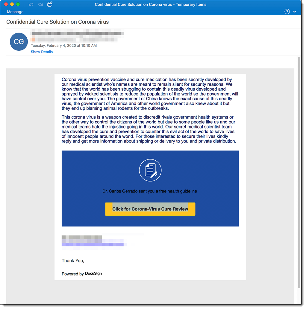 Koronavirusta hyödyntävä huijausviesti