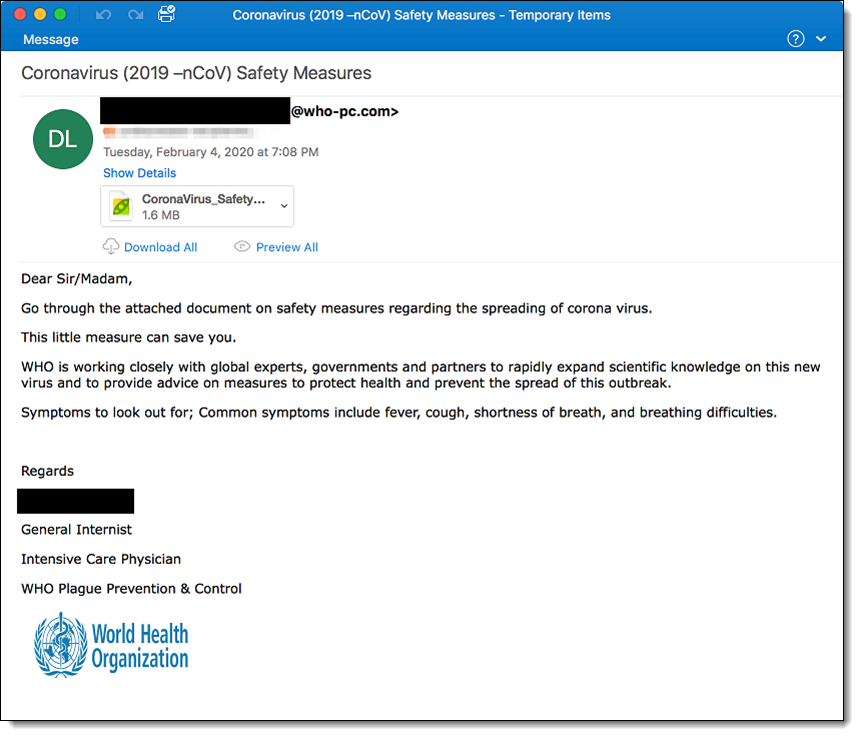 Koronavirusta hyödyntävä huijausviesti