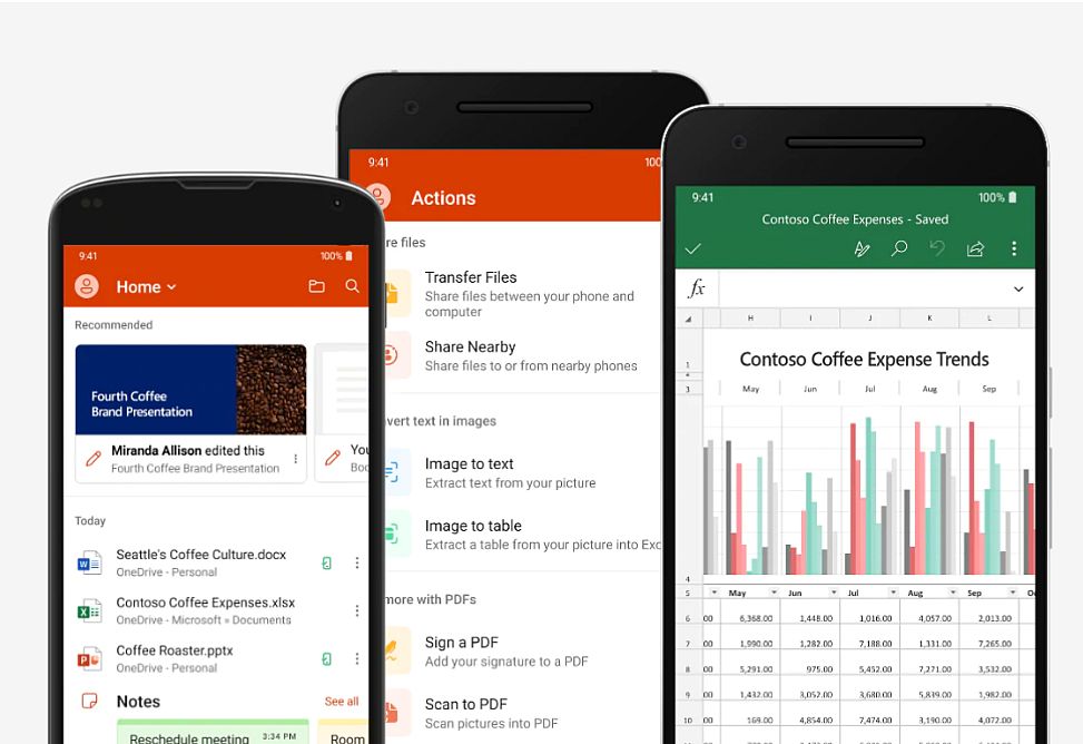 Microsoft Office-appen på tre olika Android-telefoner