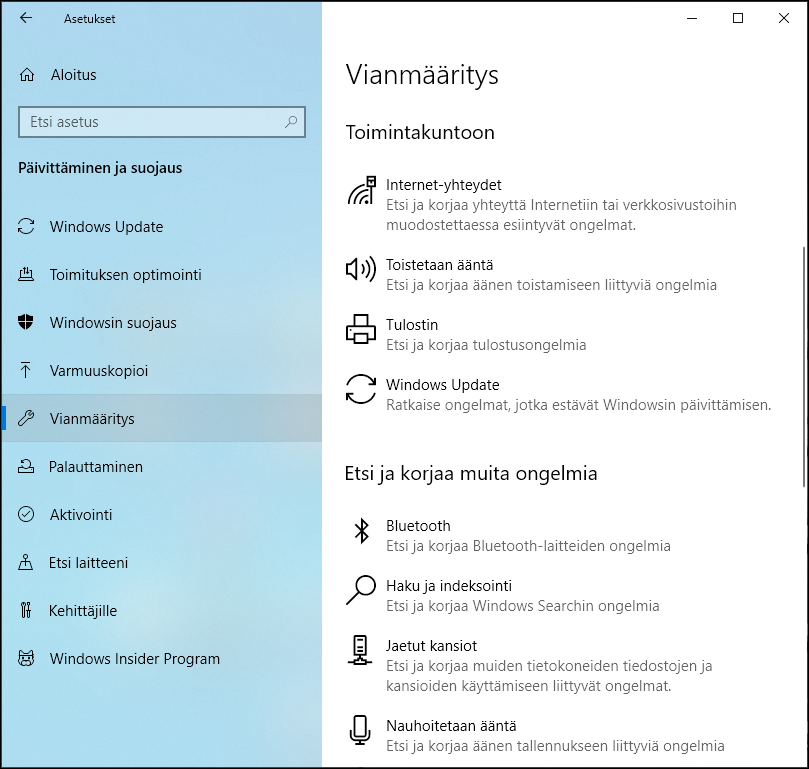 Windows 10:n vianmääritys