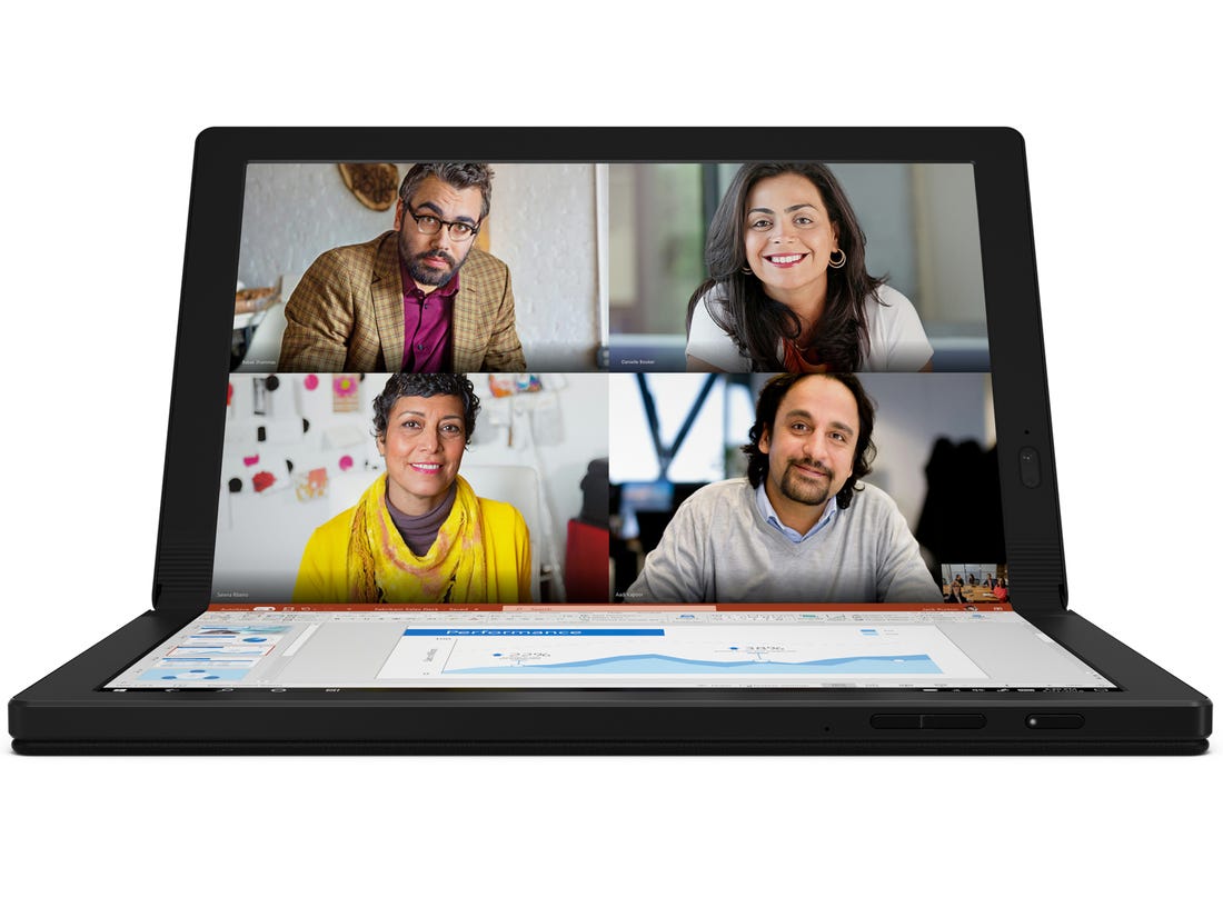 Lenovo ThinkPad X1 Fold, foldet, slik at man kan bruke skjermen som en dobbeltskjerm.