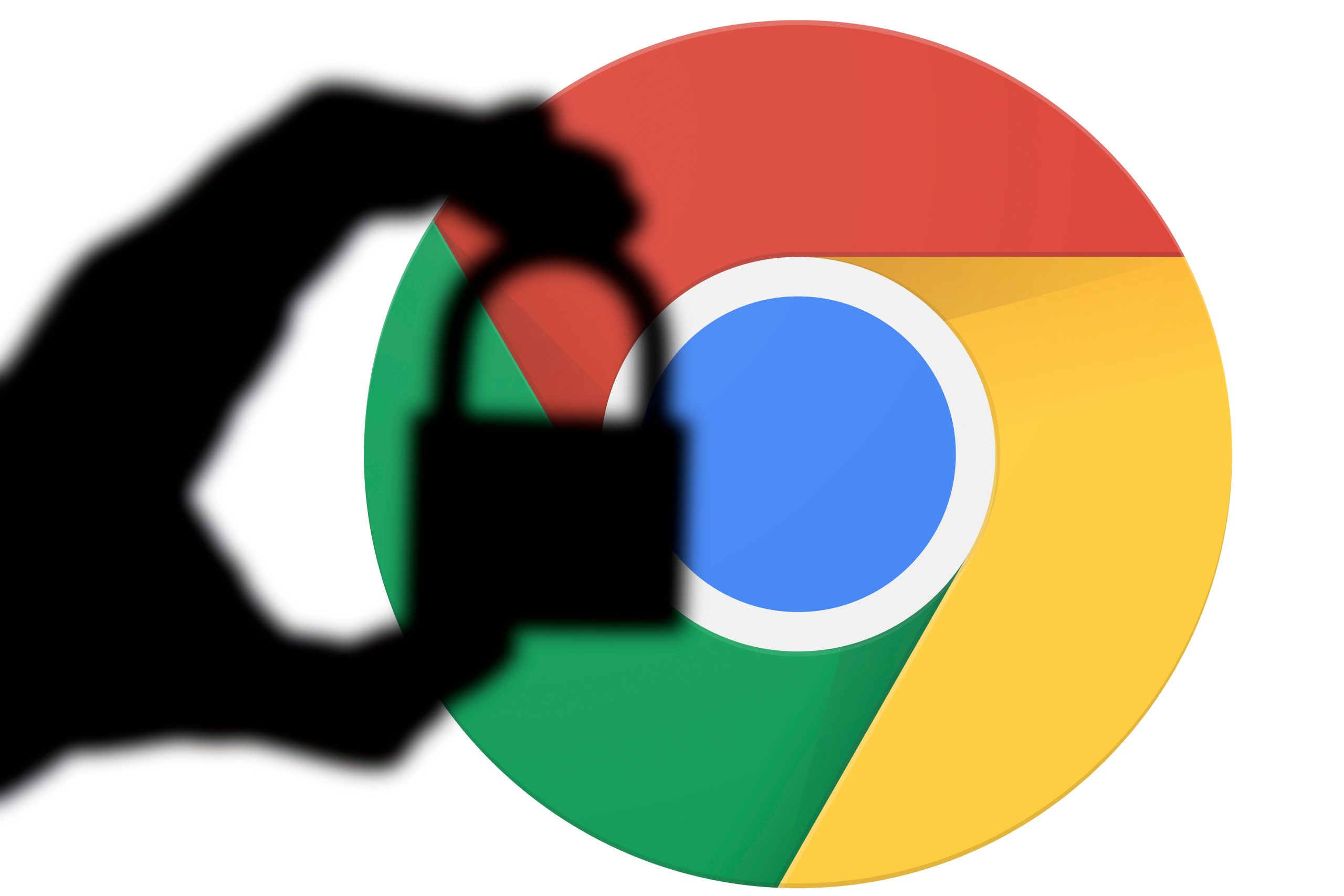 Google Chrome-logo, med en silhouette af en hånd, som holder en hængelås.