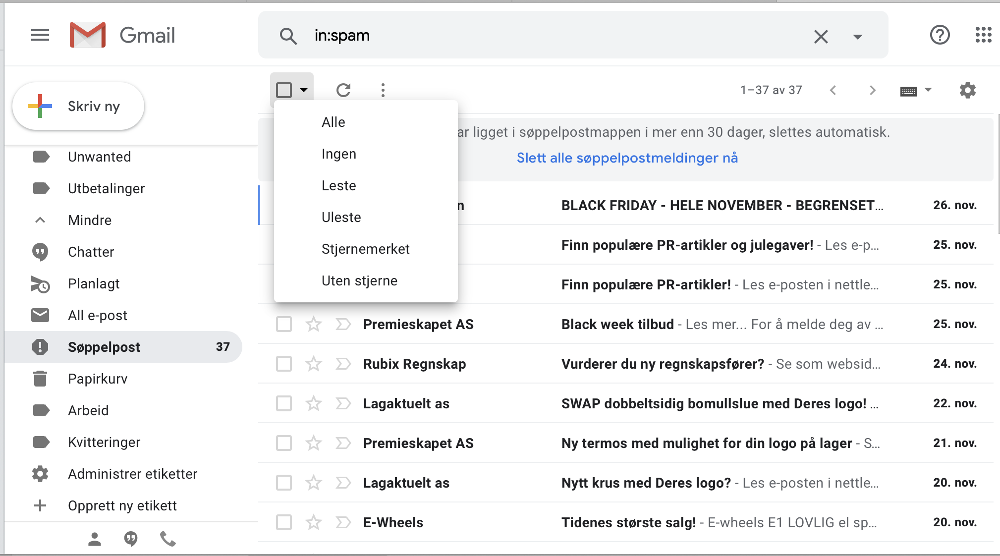 Slett mange meldinger i Gmail