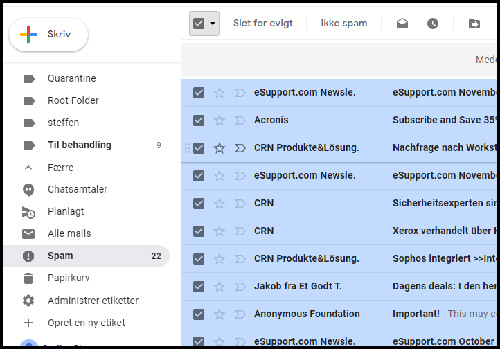 Slet mange mails i Gmail